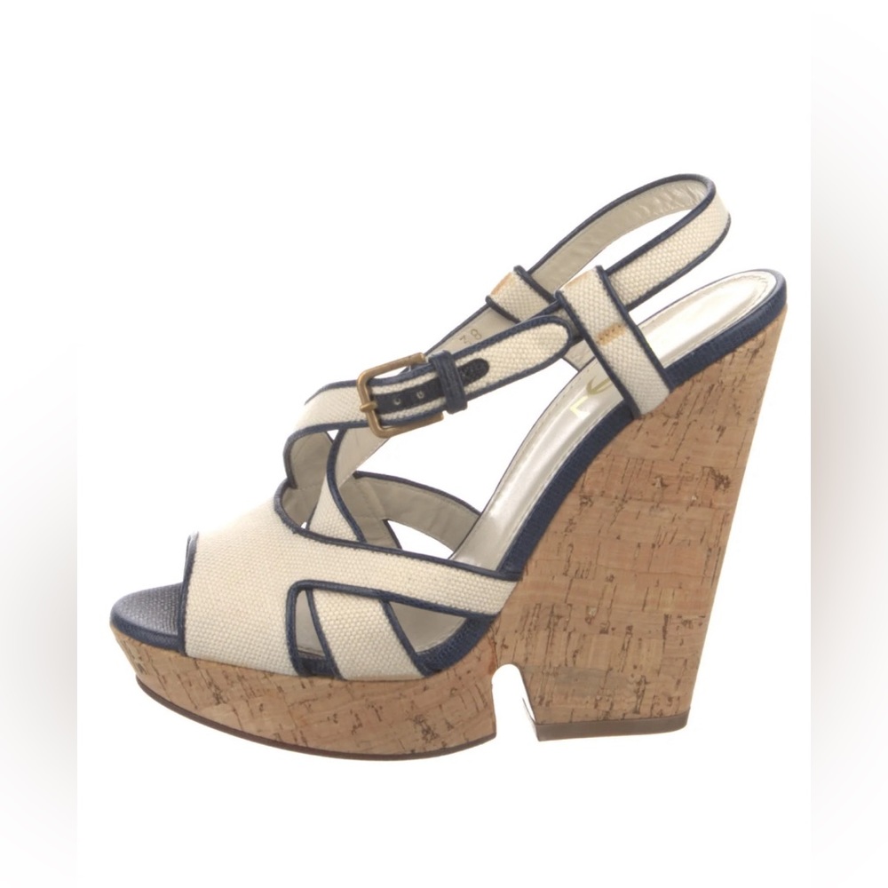 YSL Yves Saint Laurent DEAUVILLE Wedge Cork Canvas Slingback Sandals, size 38